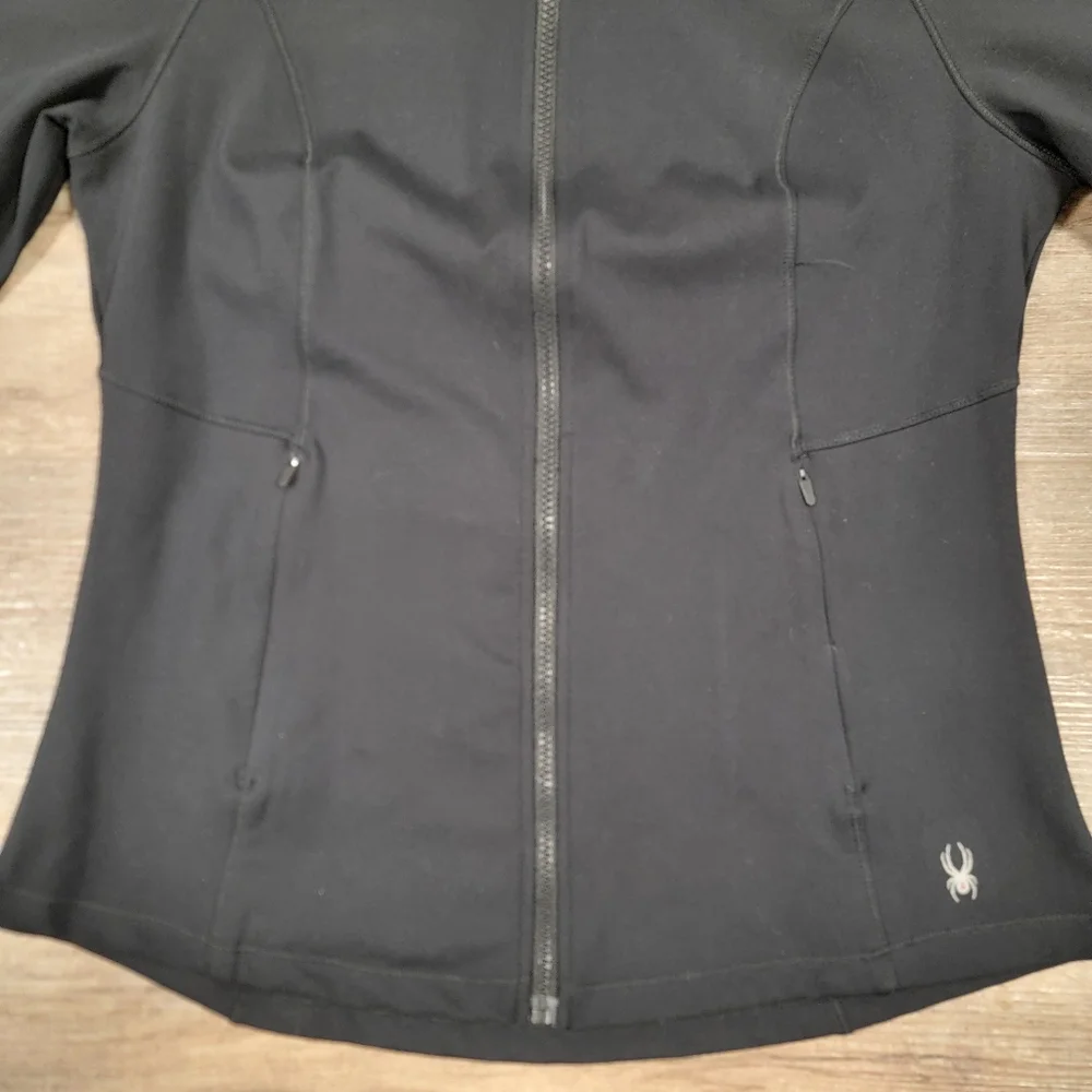 Spyder Active Jacket Womens Medium Black Full Zip Hooded Logo Athleisure Gym - Picture 9 of 12